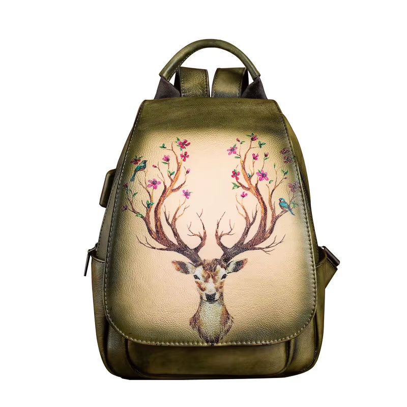 Original Design Animal Print Cowhide Leather Bag Backpack Retro Handmade Travel Bag Ladies Genuine Leather Backpack for Women
