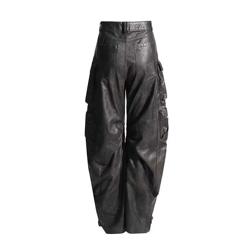 OUDINA 2023 New High Street Multi Pocket Leather Pants Solid Color High Waist Wide-Leg Cargo Trousers Women