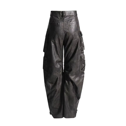 OUDINA 2023 New High Street Multi Pocket Leather Pants Solid Color High Waist Wide-Leg Cargo Trousers Women