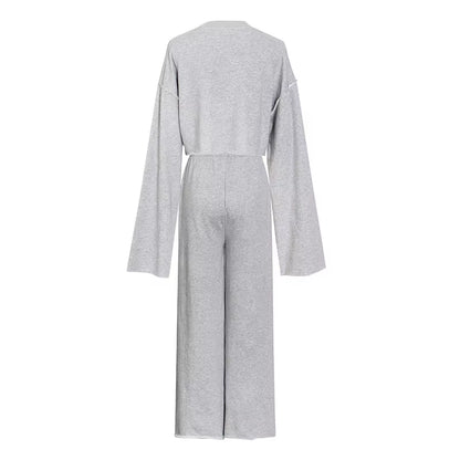OUDINA Fashionable Casual Crop Vest Sweatshirt Suit Women Three Piece Long-Sleeved Wide Leg Pants Set