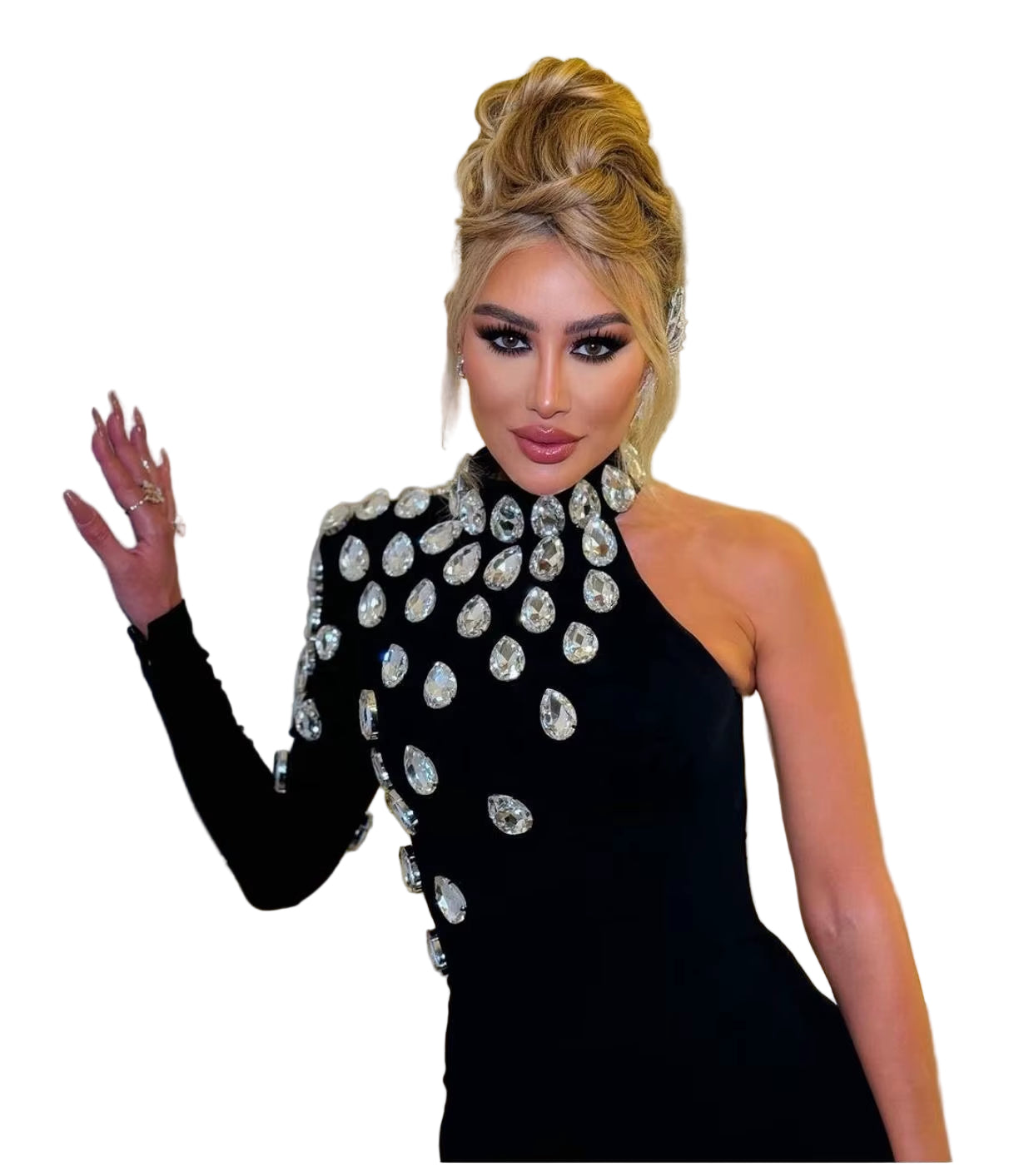 OUDINA Temperament Knotted Women'S Clothing Long Sleeve Party Long Evening Diamond Rhinestones Bandage Dresses