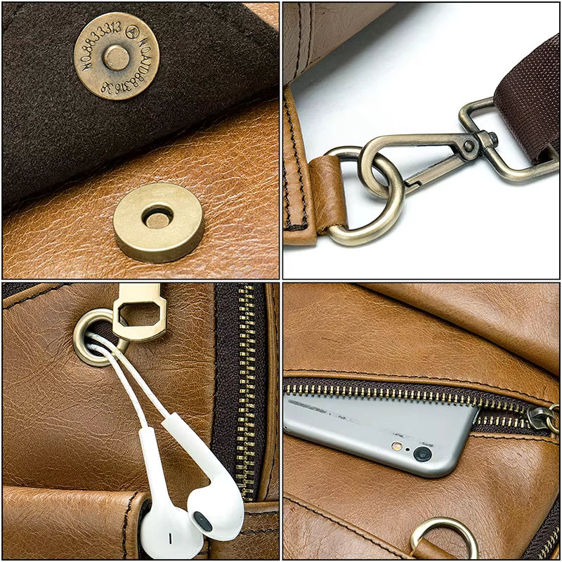 MARRANT Travel Hiking Leather Sling Bag Men Crossbody Shoulder Chest Daypack Genuine Leather Crossbody Bag Chest Bags for Men