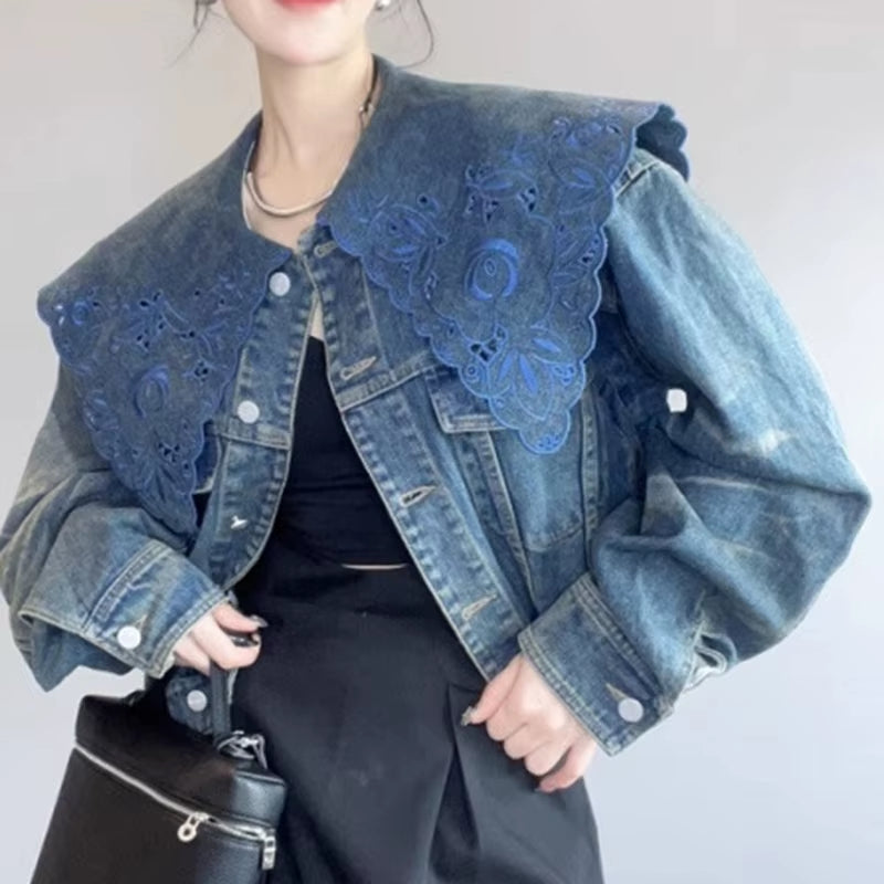 OUDINA New Arrivals Irregular Stand Collar Casual Fashion Jacket Patchwork Denim Jackets for Ladies
