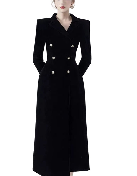 OUDINA French Double-Breasted V-Neck Irregular Temperament Casual Elegant Black Velvet Long Women Jacket Women'S Coats