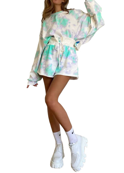 OUDINA New Tie-Dye Loose Sweatshirt and Shorts Set Winter Gigh-Waisted Lace-Up Vacation Style Outfits for Women