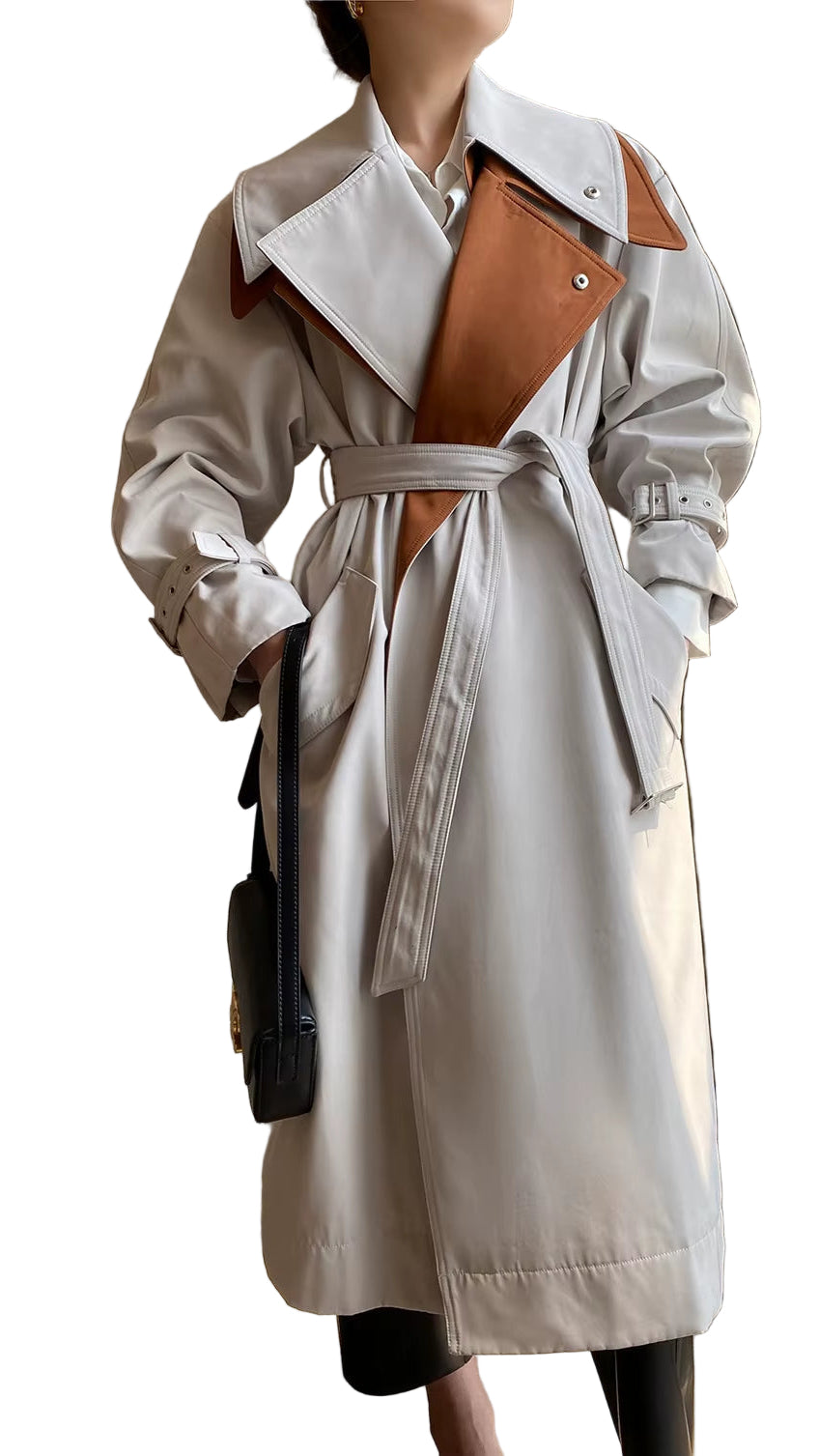 OUDINA Korean Long Coat for Women Popular Contrasting Patchwork Casual Windbreaker Jacket Women'S Trench Coats