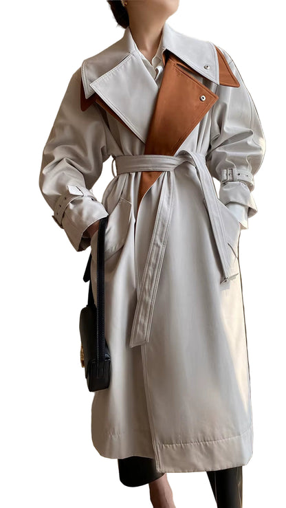 OUDINA Korean Long Coat for Women Popular Contrasting Patchwork Casual Windbreaker Jacket Women'S Trench Coats