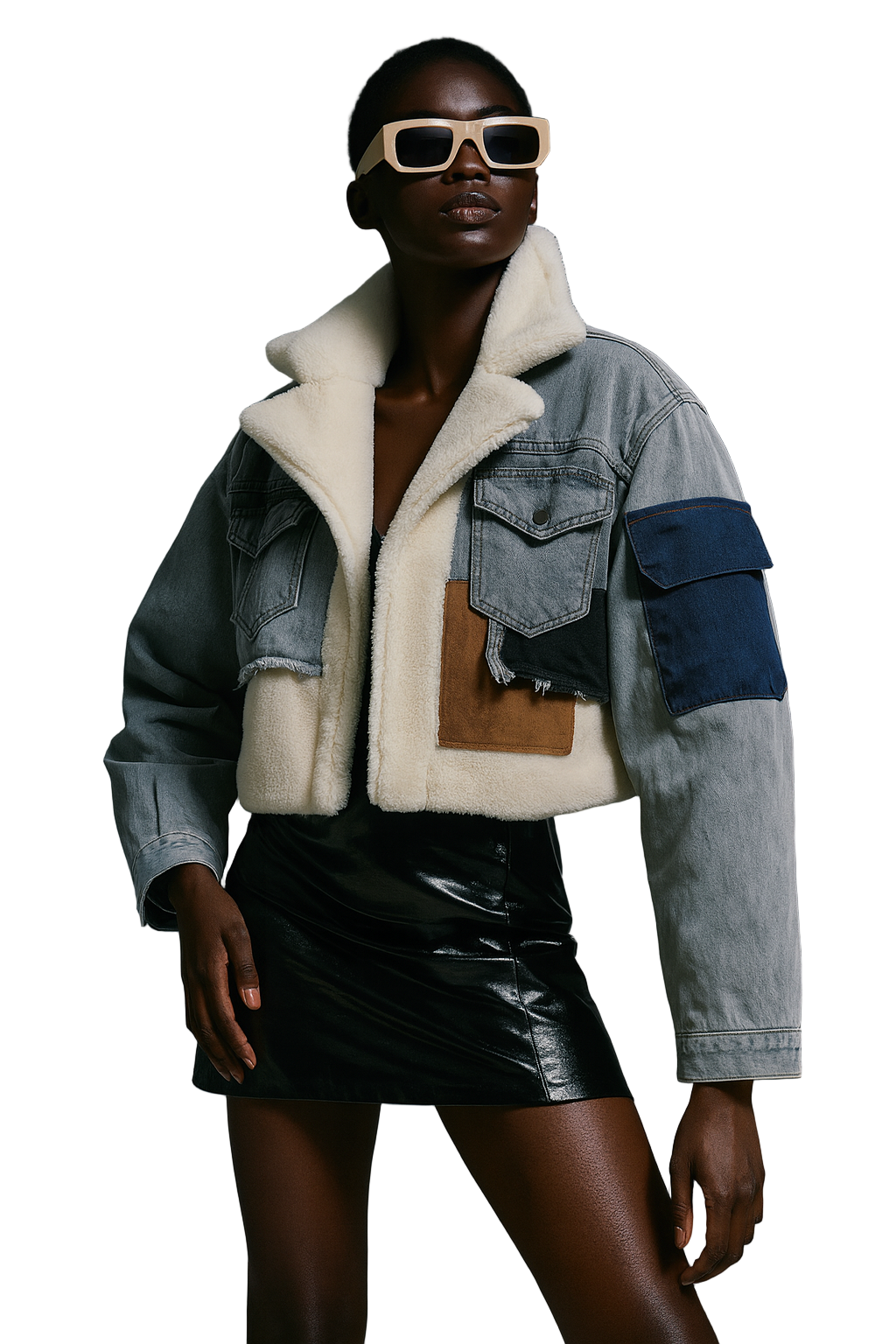 Cozy Chic Denim Bomber Jacket with Plush Shearling and Stylish Patchwork