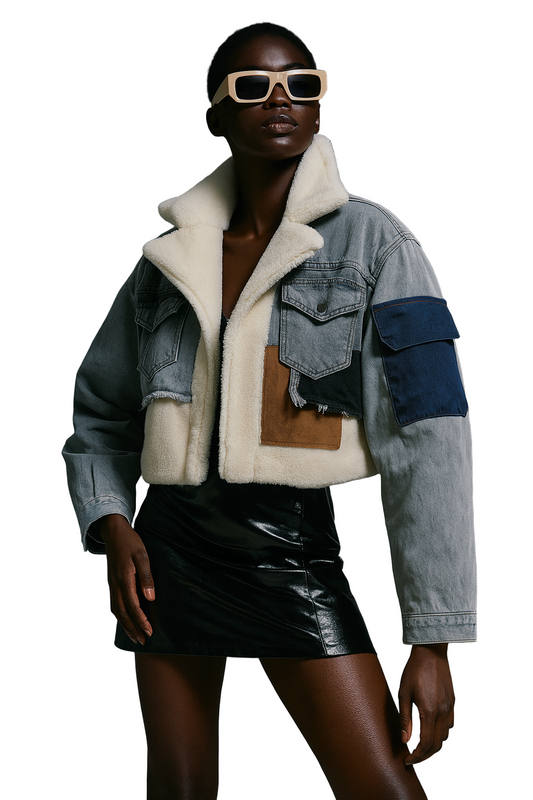 Cozy Chic Denim Bomber Jacket with Plush Shearling and Stylish Patchwork