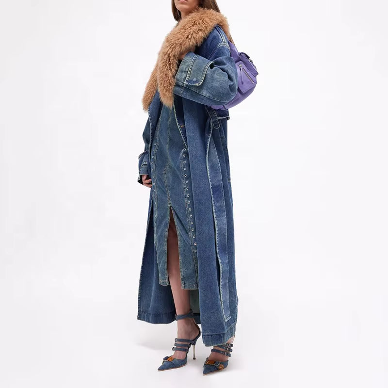  Detachable Fur Collar Denim Trench Coat 