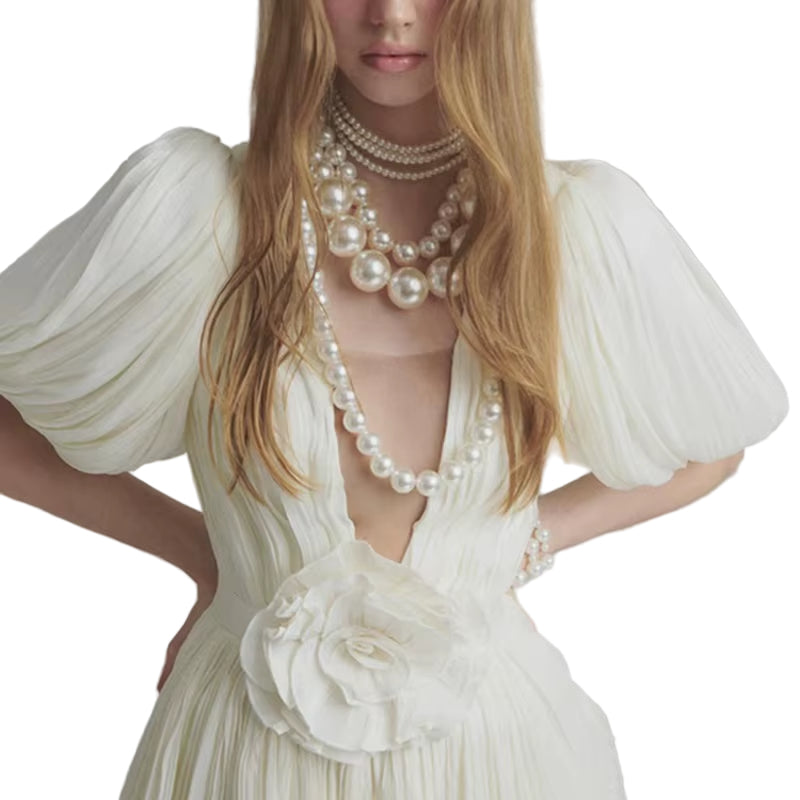 OUDINA Stylish Lady Hotselling Lantern Sleeve Waist-Hugging Hip-Wrapped Flower Pleated Short Women Dresses Modest Casual Dress