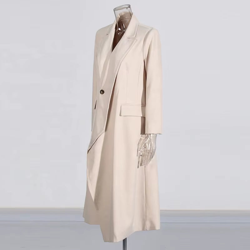 OUDINA Fashion Temperament Asymmetric One-Button Solid Splicing Elegant Ladies Coat Casual Trench Coat Simple Women Long Coat