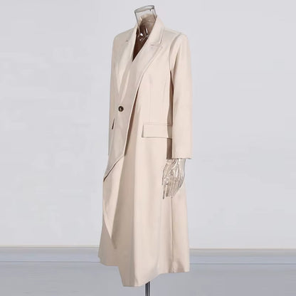OUDINA Fashion Temperament Asymmetric One-Button Solid Splicing Elegant Ladies Coat Casual Trench Coat Simple Women Long Coat