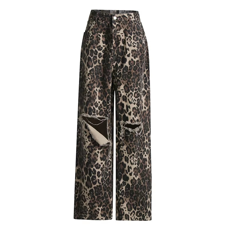 OUDINA New Ripped Leopard Print Vintage Casual Loose Baggy High Waist Straight Pants Denim Boyfriend Women'S Jeans