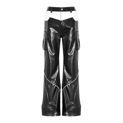 OUDINA in Stock New Fashion Casual Splice Straight Pants Contrasting Colors Women Pants PU Wide Leg Pants