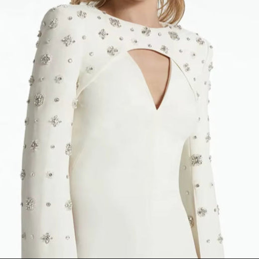 Beaded Diamond Long Cape Sleeve Maxi Dress 