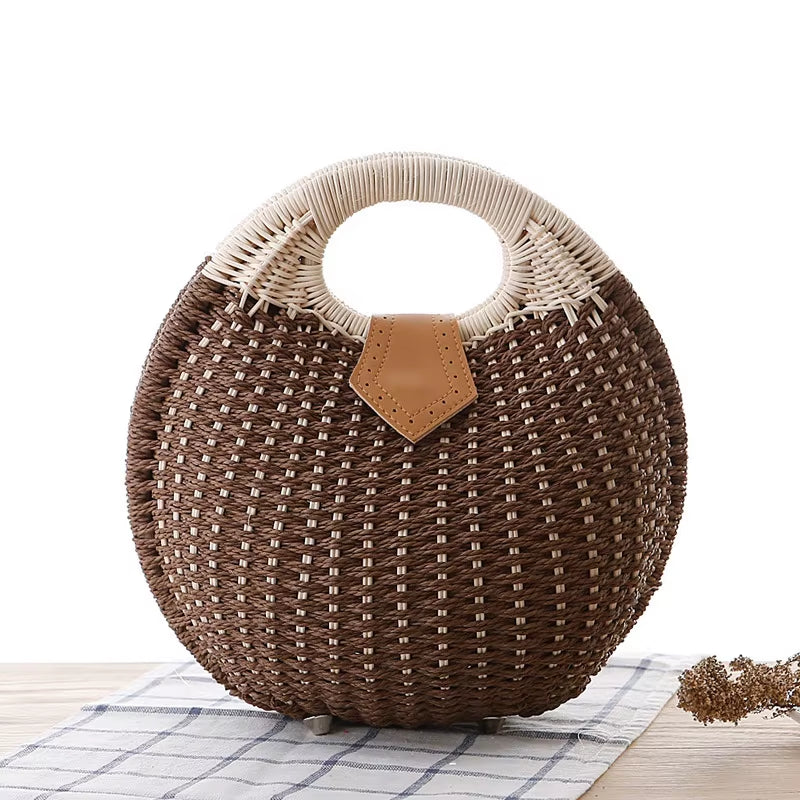Factory Supplier New Style Beach Straw Crossbody Basket Bag Bohemian round Knitting Straw Rattan Tote Bag