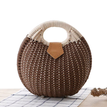 Factory Supplier New Style Beach Straw Crossbody Basket Bag Bohemian round Knitting Straw Rattan Tote Bag