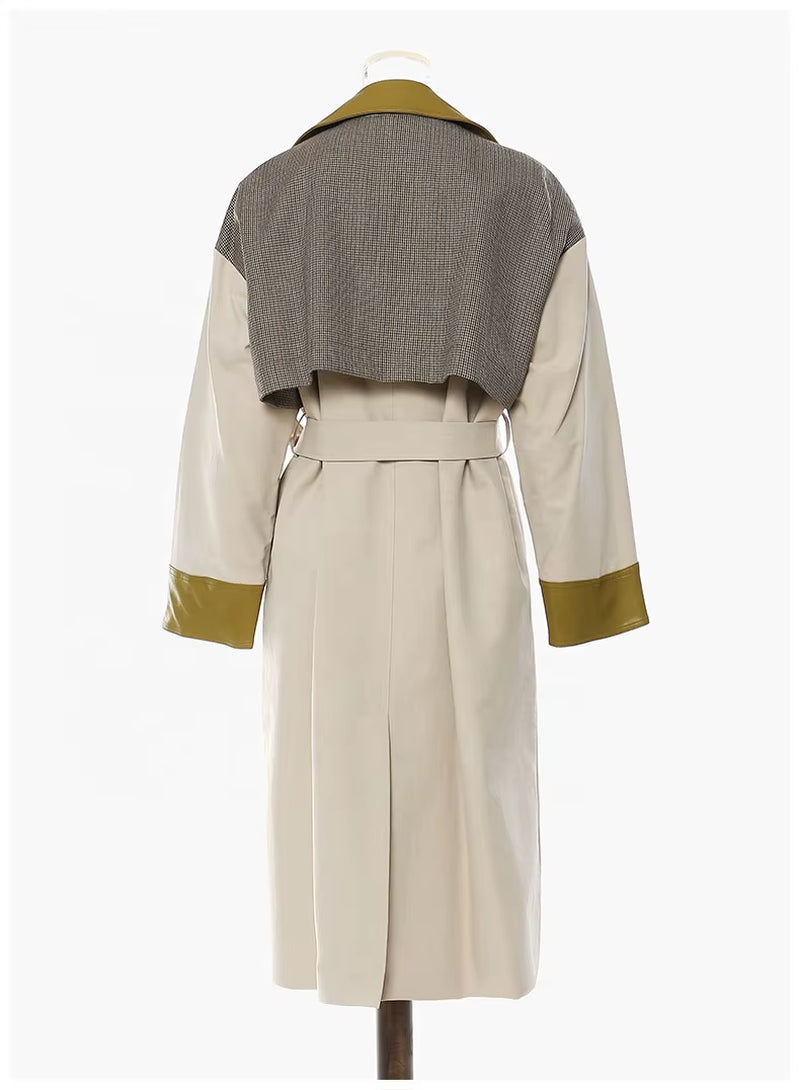 OUDINA Fashion Women'S Coats Winter British Style Contrast Color Leather Plaid Long Trench Coat Women