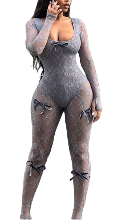  See-Through Jacquard One Piece Bodycon Lace Jumpsuit