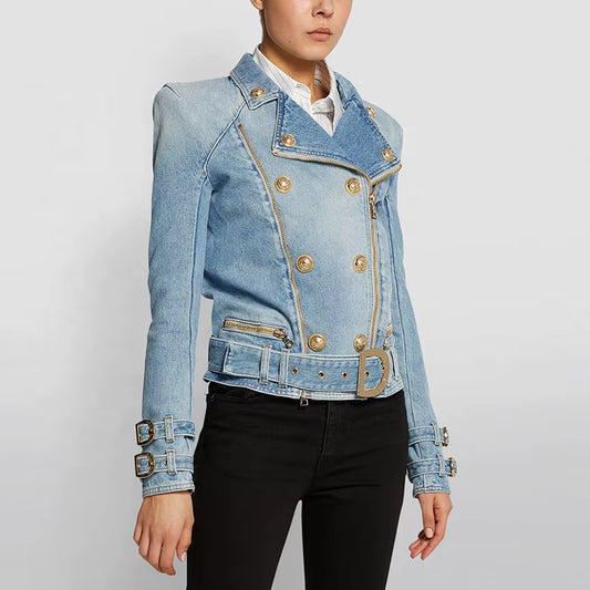 OUDINA Stylish Casual Long Sleeve Zipper Belt Ladies Denim Jacket Street Women Jacket