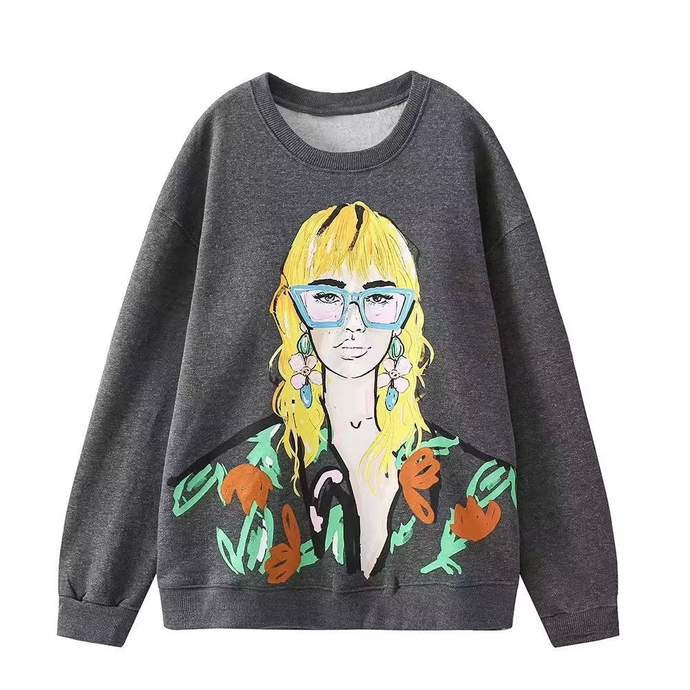 OUDINA Wholesale Casual Oversized Pattern Printed Crewneck Women'S Clothing Sweatshirt Women Sweatshirts