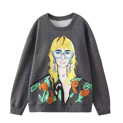 OUDINA Wholesale Casual Oversized Pattern Printed Crewneck Women'S Clothing Sweatshirt Women Sweatshirts