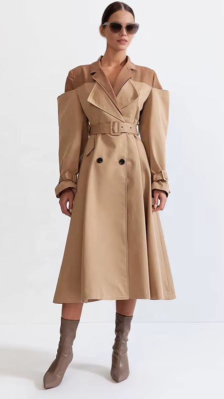 OUDINA Fashion Splice Contrast Color Long Double-Breasted Sashes Elegant Coat Casual Trench Coat Simple Women'S Coats