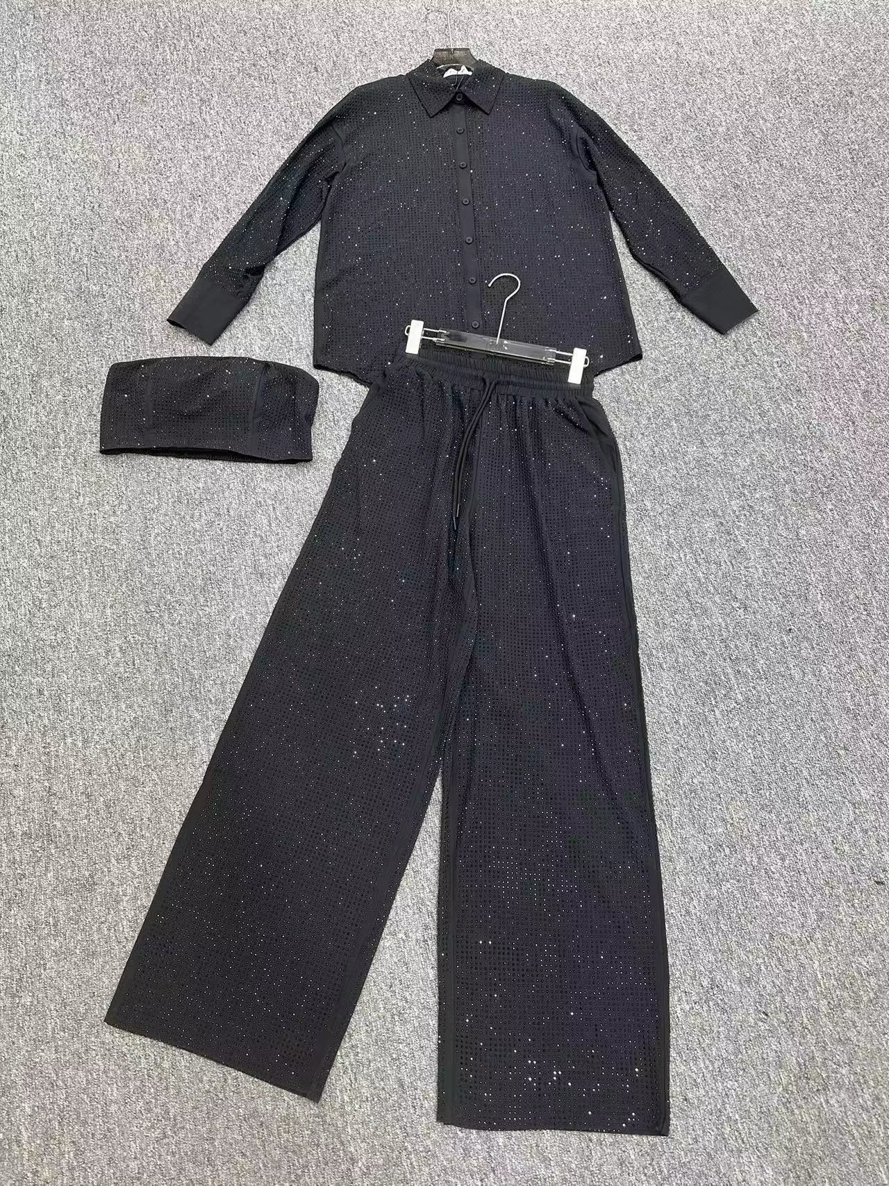 OUDINA New Diamond Sequins Casual Three Piece Tops Shirts Blazer Jacket Pants Sets Rhinestones 3 Piece Set Clothing Women'S Sets