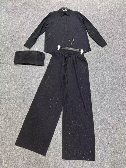 OUDINA New Diamond Sequins Casual Three Piece Tops Shirts Blazer Jacket Pants Sets Rhinestones 3 Piece Set Clothing Women'S Sets