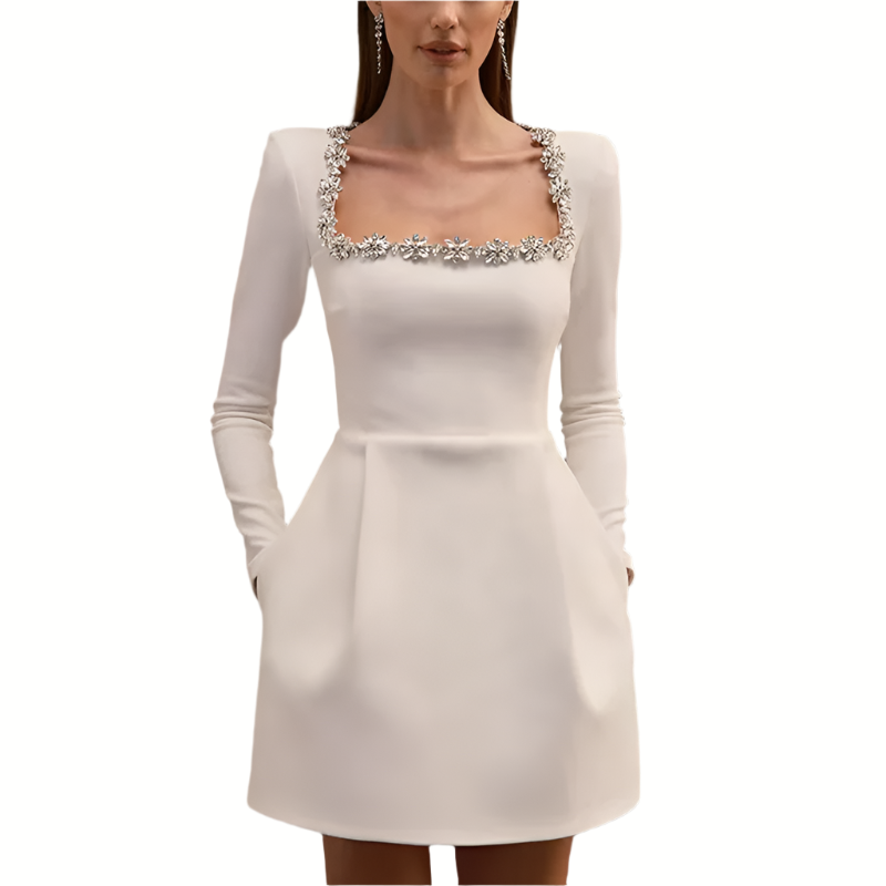 Square Collar Diamond Rhinestone Short Dress