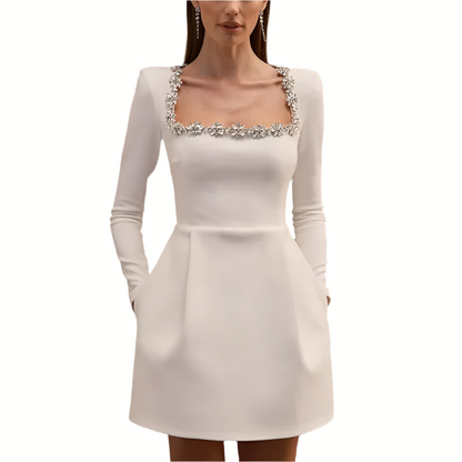 Square Collar Diamond Rhinestone Short Dress