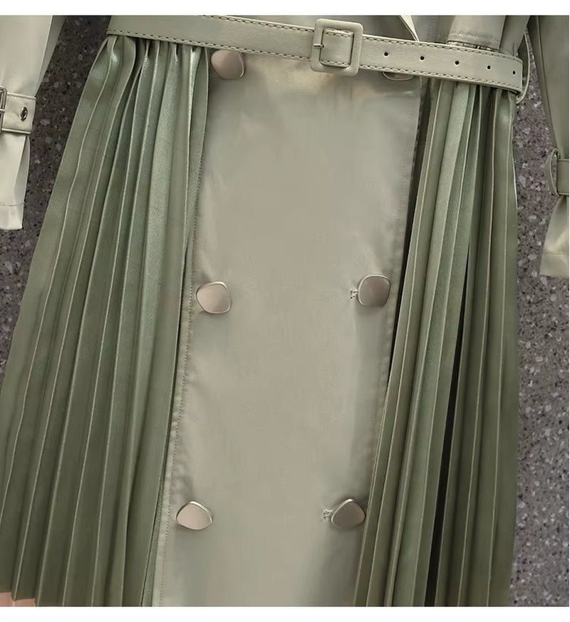 OUDINA New Trendy Elegant Casual with Belt Windbreaker Pleated Women Dress Long Coat Trench Coats