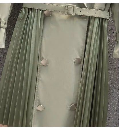 OUDINA New Trendy Elegant Casual with Belt Windbreaker Pleated Women Dress Long Coat Trench Coats