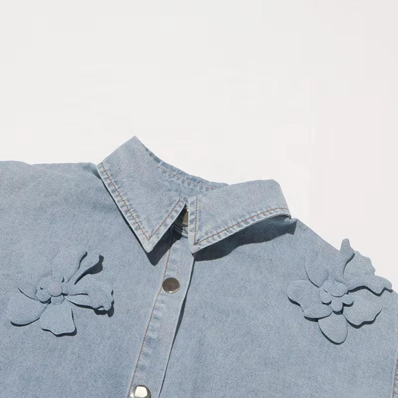 OUDINA Fashion Solid Washed Faded Splice Embroidered Jackets Flower Decoration Women Denim Jackets Casual Women'S Jackets