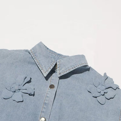 OUDINA Fashion Solid Washed Faded Splice Embroidered Jackets Flower Decoration Women Denim Jackets Casual Women'S Jackets
