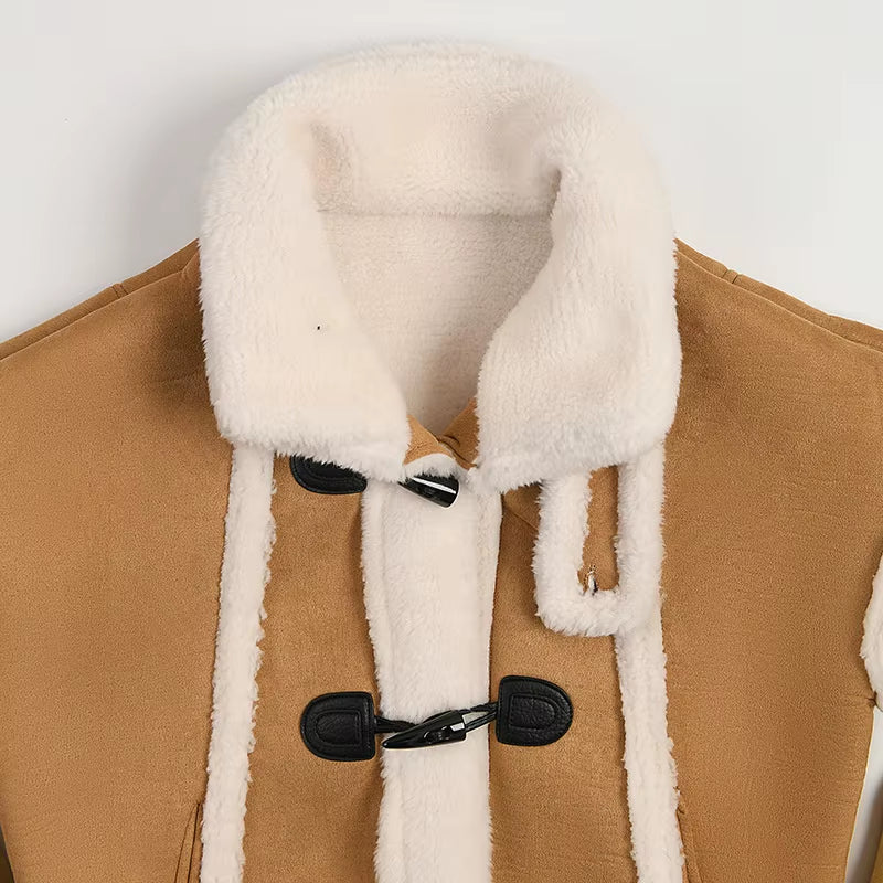 OUDINA Fashion Loose Lamb Plush Horn Buckle Thick Winter Coats Ladies Women Fur Coats