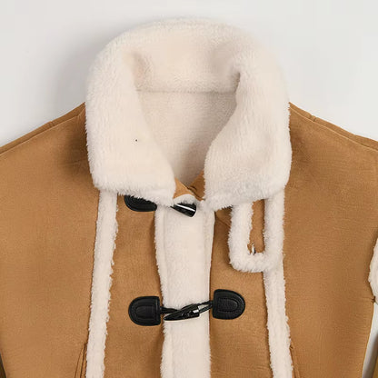 OUDINA Fashion Loose Lamb Plush Horn Buckle Thick Winter Coats Ladies Women Fur Coats