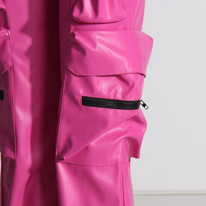 OUDINA New Street Fashion Multi Pocket PU Design High-Waist Slim Leather Cargo Pants Women