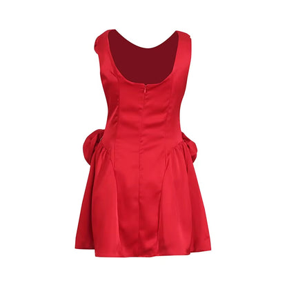 Temperament Style Satin Irregular Three Dimensional Flower Splicing Aline Dresses Elegant Dresses Women Lady Dress