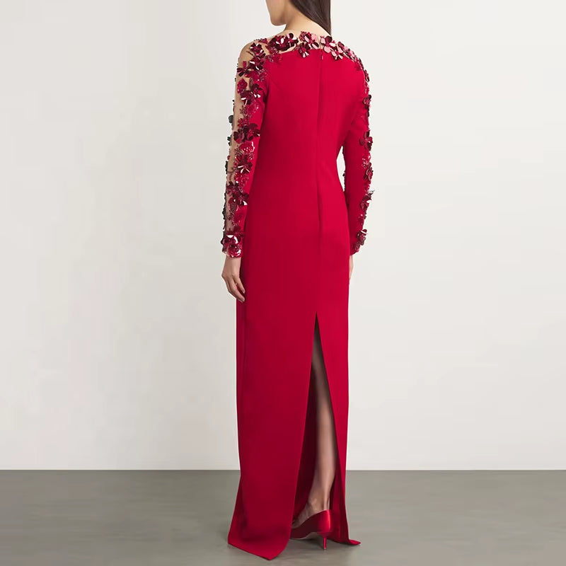 OUDINA New Style Beaded Red Splicing Dimensional Flower Mesh Sleeve Long Dress Dinner Lady Elegant Women Evening Dresses