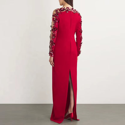 OUDINA New Style Beaded Red Splicing Dimensional Flower Mesh Sleeve Long Dress Dinner Lady Elegant Women Evening Dresses