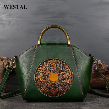 Westal Cowhide Leather Purses and Handbags Vintage Totem Satchel Bag Crossbody Genuine Leather Handbags Tote Bags for Women