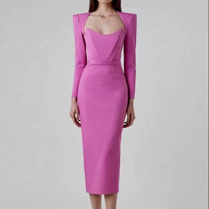OUDINA Wholesale in Stock Elegant Solid Color Dress Women Fashion Long Sleeve Ladies Party Evening Dresses