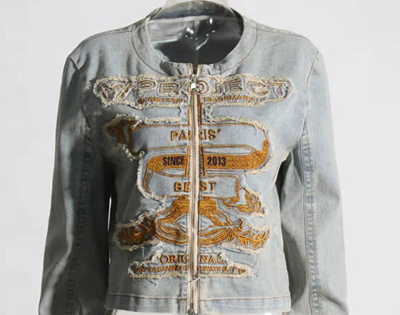 OUDINA American High Street Vintage Jean Jackets 2023 New Heavy Industry Embroidered Denim Jacket for Women