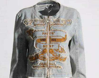 OUDINA American High Street Vintage Jean Jackets 2023 New Heavy Industry Embroidered Denim Jacket for Women