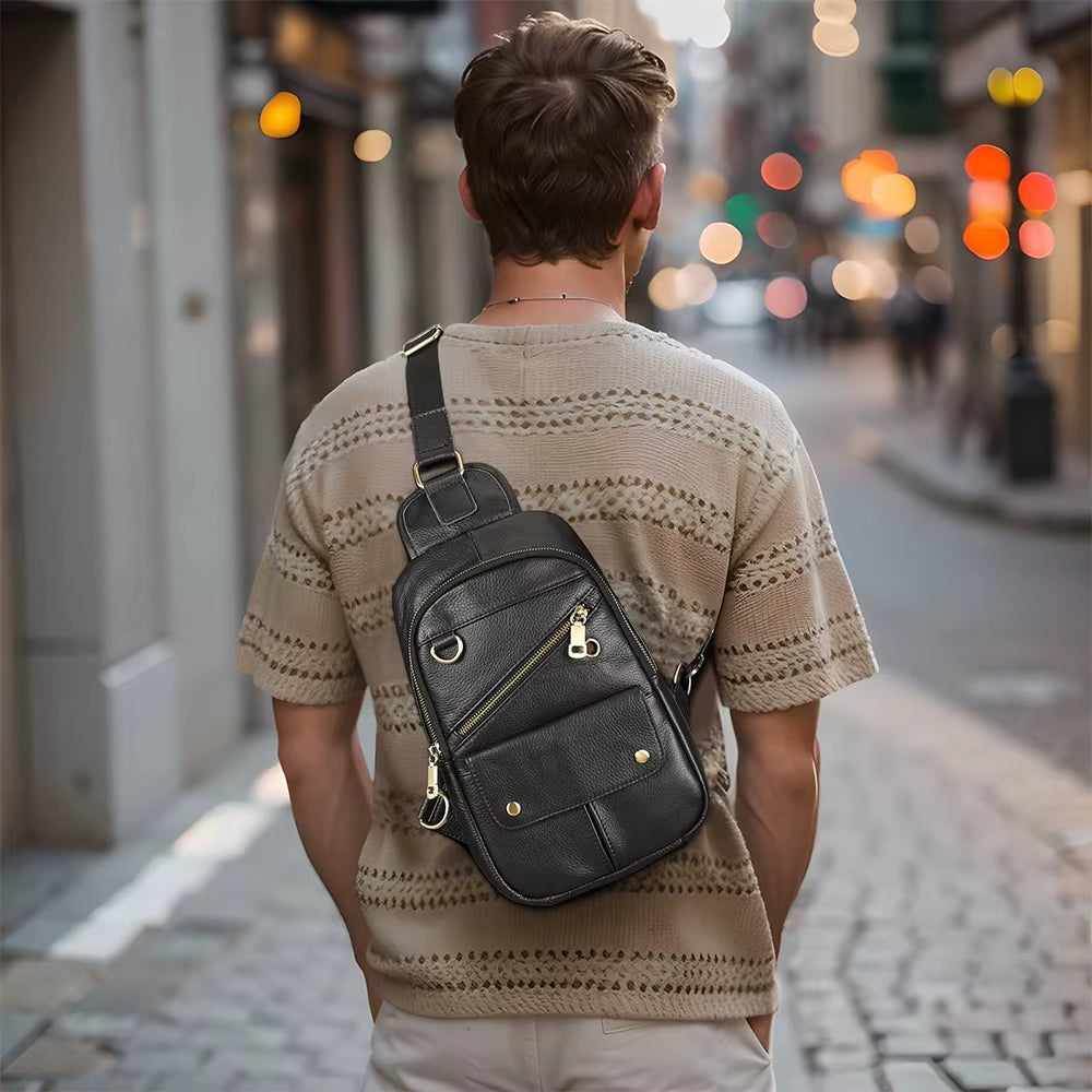 MARRANT Travel Hiking Leather Sling Bag Men Crossbody Shoulder Chest Daypack Genuine Leather Crossbody Bag Chest Bags for Men