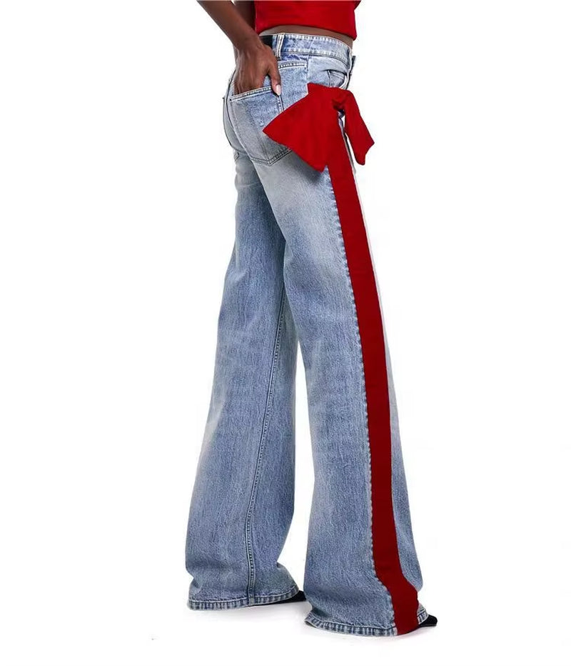 OUDINA New Temperament Bow Splicing Contrast Color Flared Jeans Elegant Simple Denim Jeans Casual Women'S Jeans