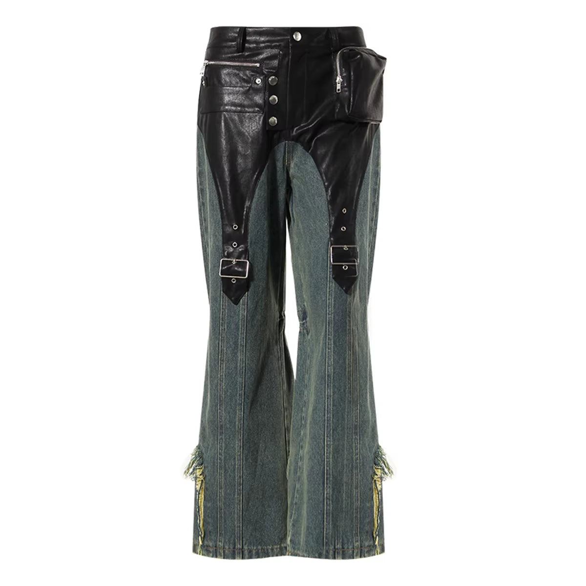 Motorcycle Vintage PU Leather Baggy  Denim Trousers  