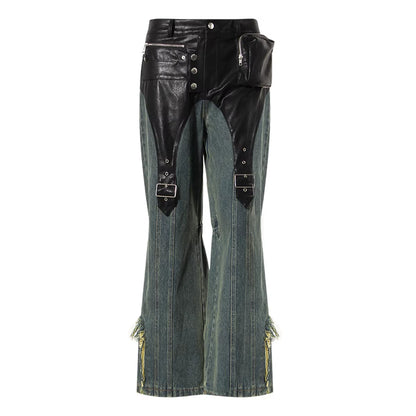 Motorcycle Vintage PU Leather Baggy  Denim Trousers  